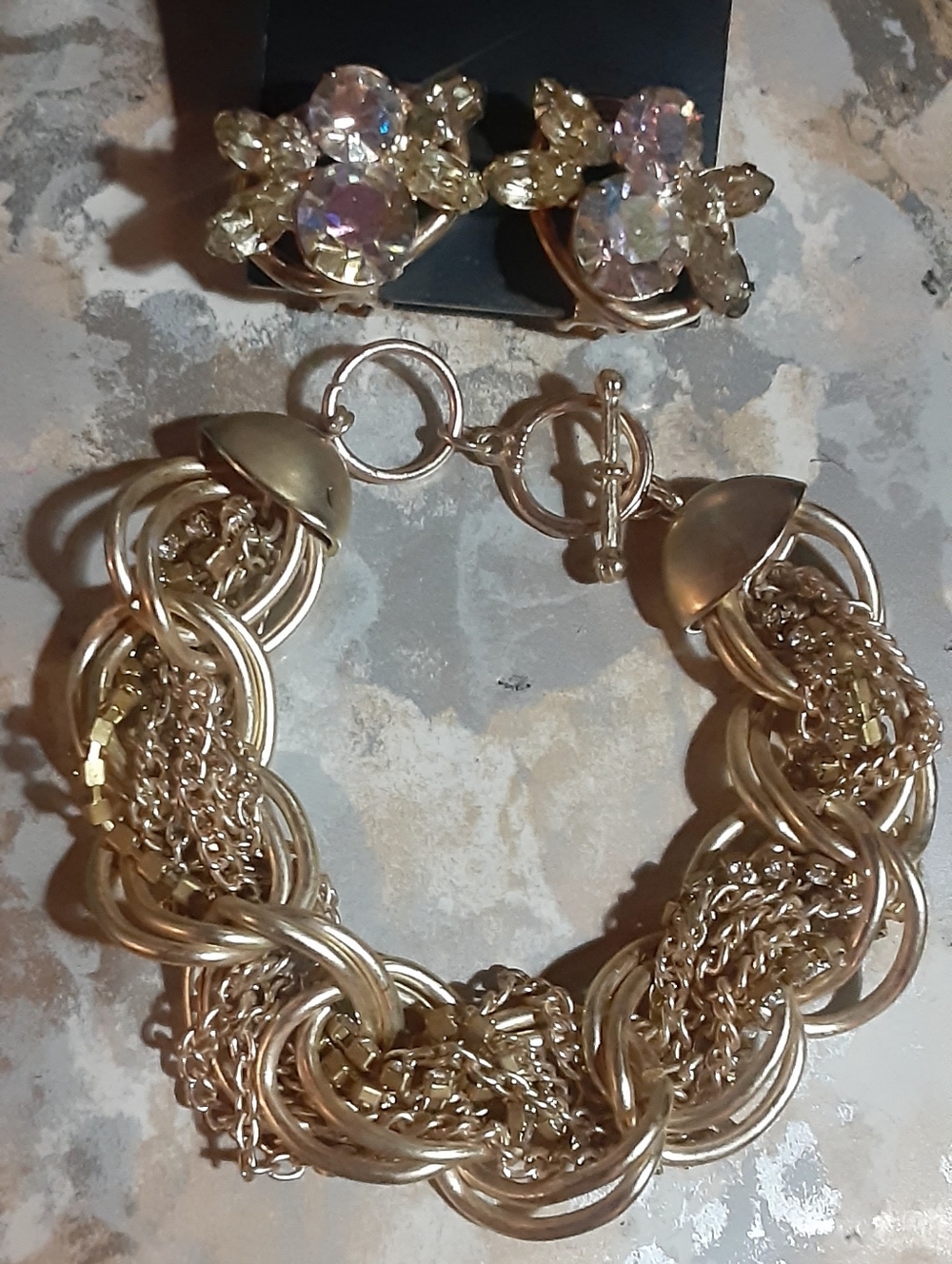 1950's Purple Toned Crystal Earrings  w/multistrand Chain & Crystal Bracelet